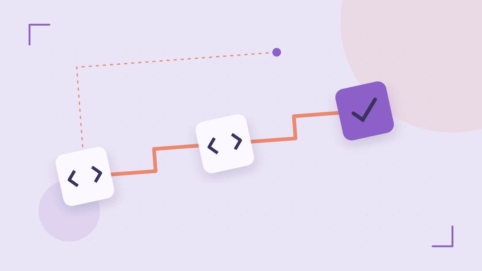 Editorial illustration of a branching build pipeline, staged transformations and a completed check