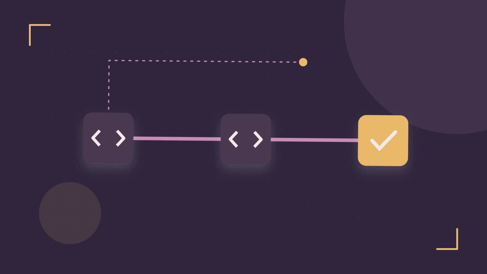 Editorial illustration of a branching build pipeline, staged transformations and a completed check