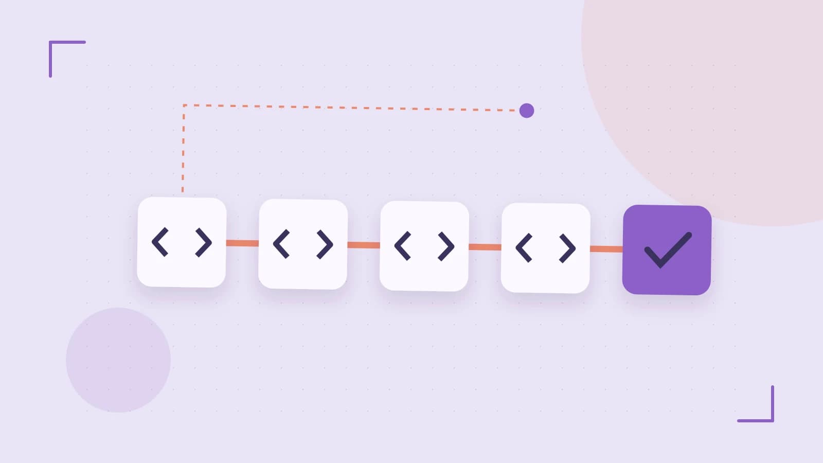 Editorial illustration of a branching build pipeline, staged transformations and a completed check