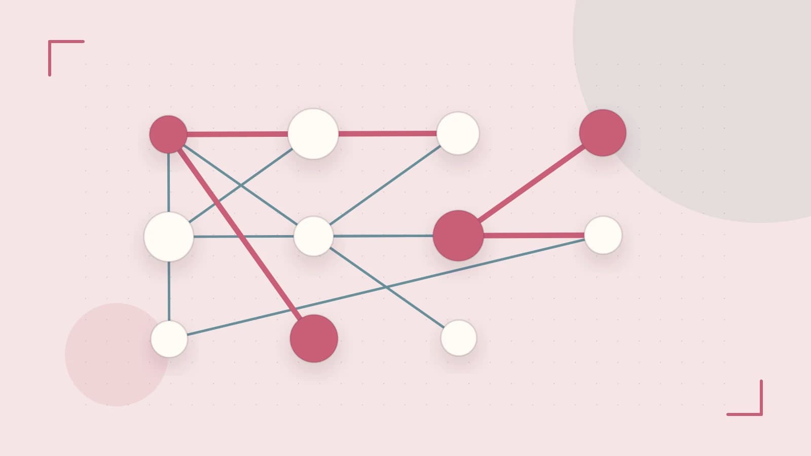 Editorial illustration of an algorithmic node graph with branching paths and a highlighted result