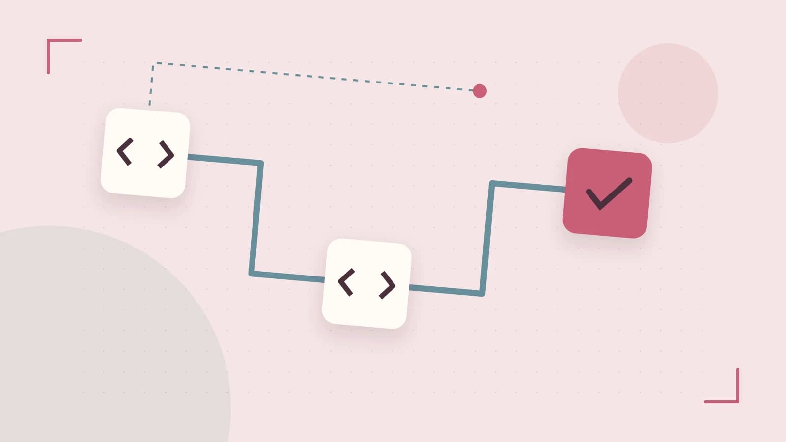 Editorial illustration of a branching build pipeline, staged transformations and a completed check