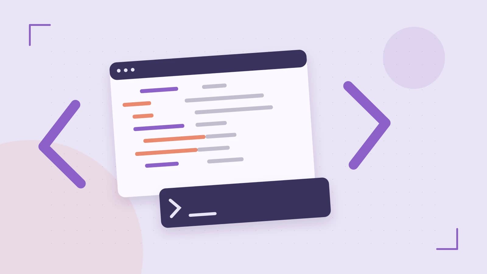 Editorial illustration of an abstract code editor, syntax blocks and oversized programming brackets