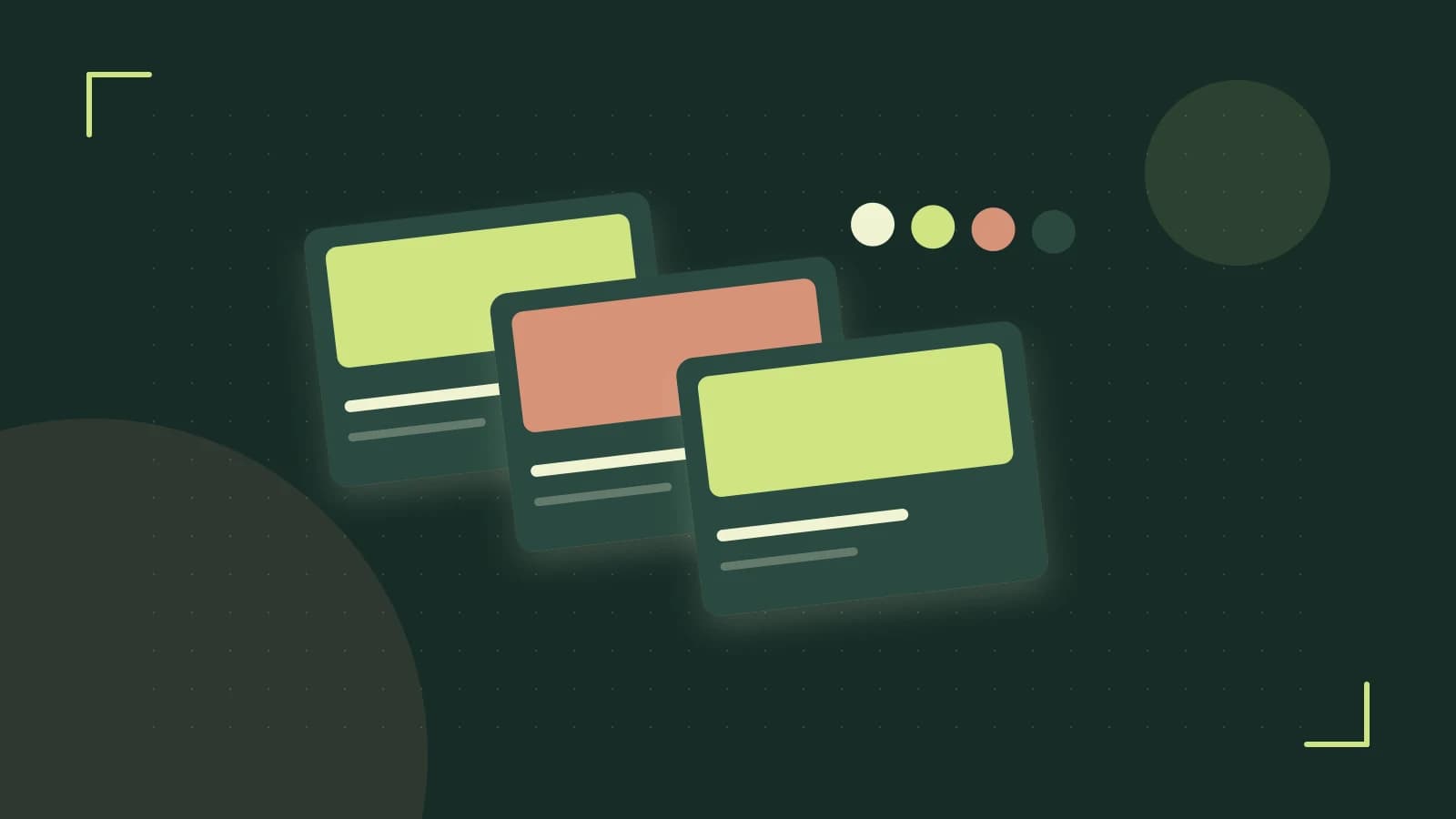 Editorial illustration of responsive browser layouts, overlapping design components and a color system