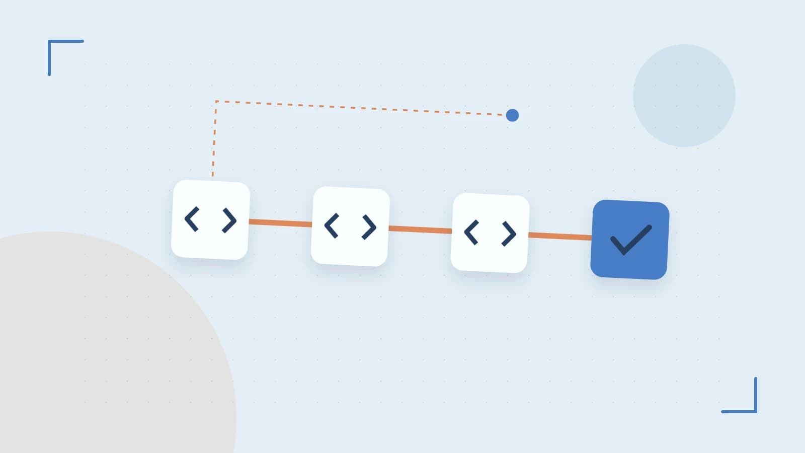 Editorial illustration of a branching build pipeline, staged transformations and a completed check
