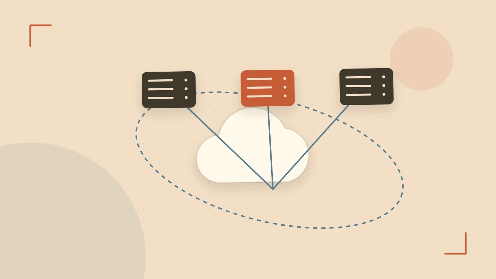 Editorial illustration of cloud infrastructure, connected server racks and an orbital service map