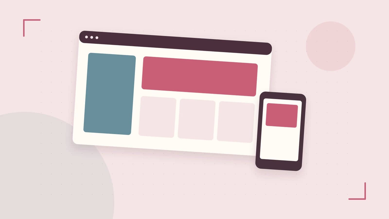 Editorial illustration of responsive browser layouts, overlapping design components and a color system