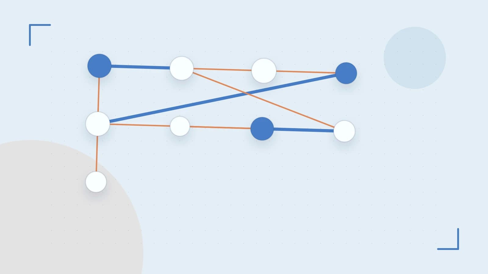 Editorial illustration of an algorithmic node graph with branching paths and a highlighted result