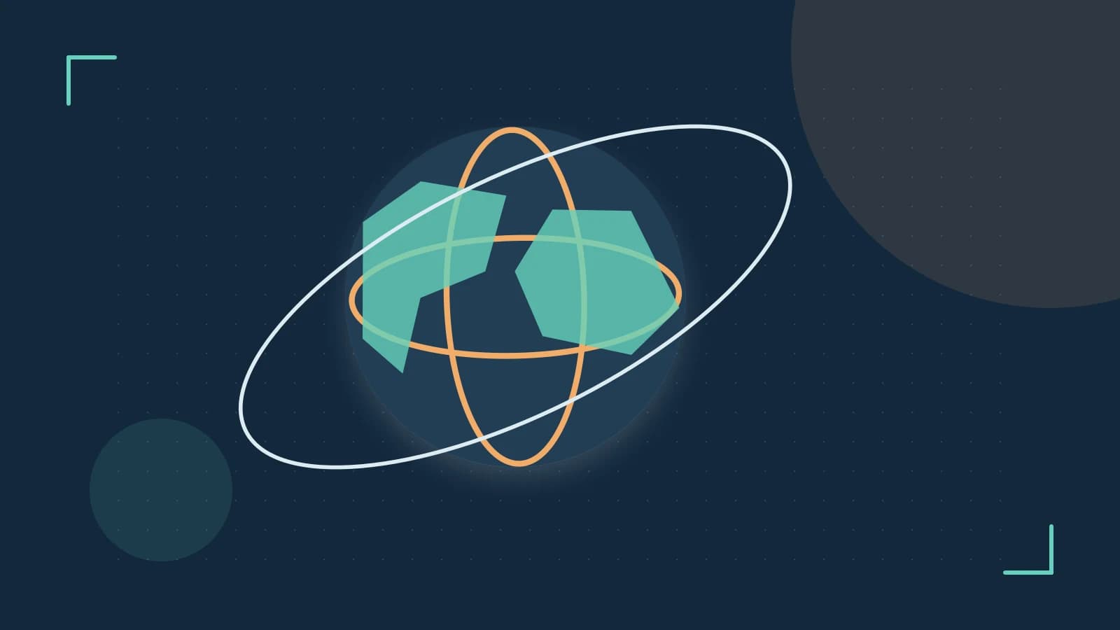 Editorial illustration of an editorial globe with meridians and layered geographic shapes
