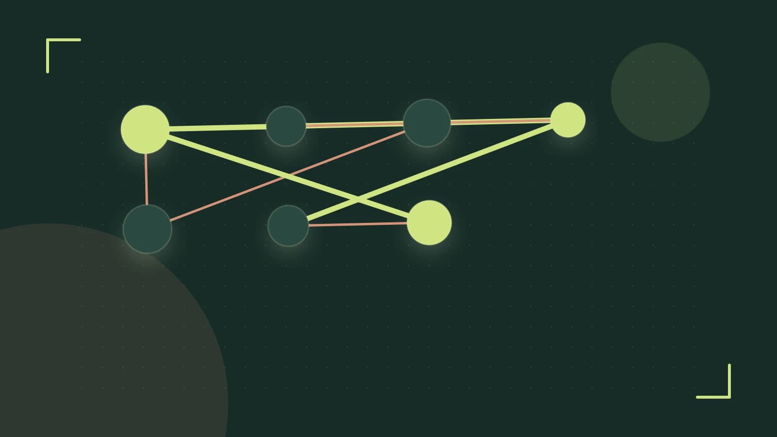 Editorial illustration of an algorithmic node graph with branching paths and a highlighted result