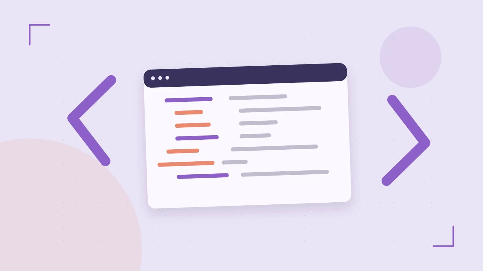 Editorial illustration of an abstract code editor, syntax blocks and oversized programming brackets