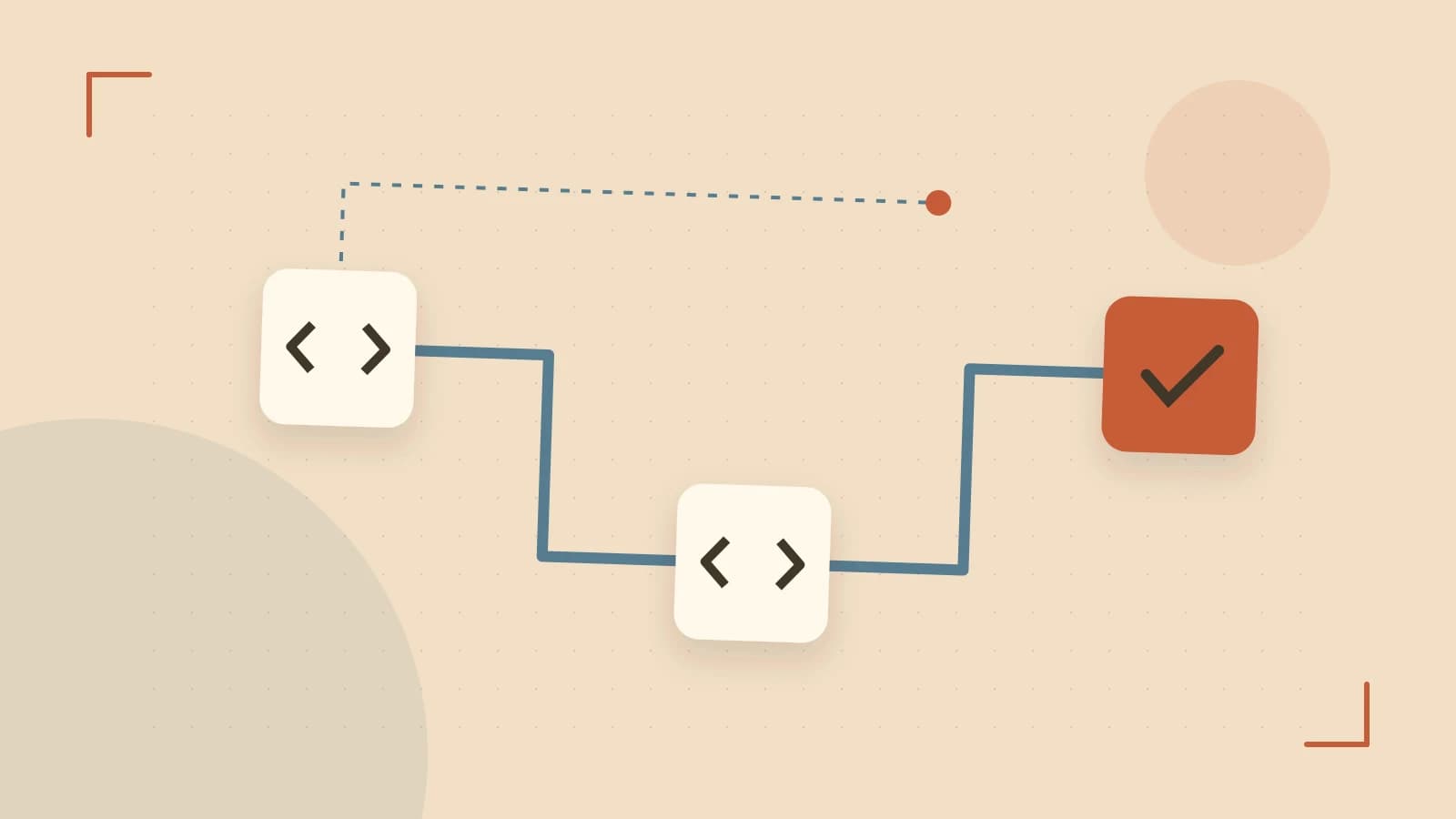 Editorial illustration of a branching build pipeline, staged transformations and a completed check