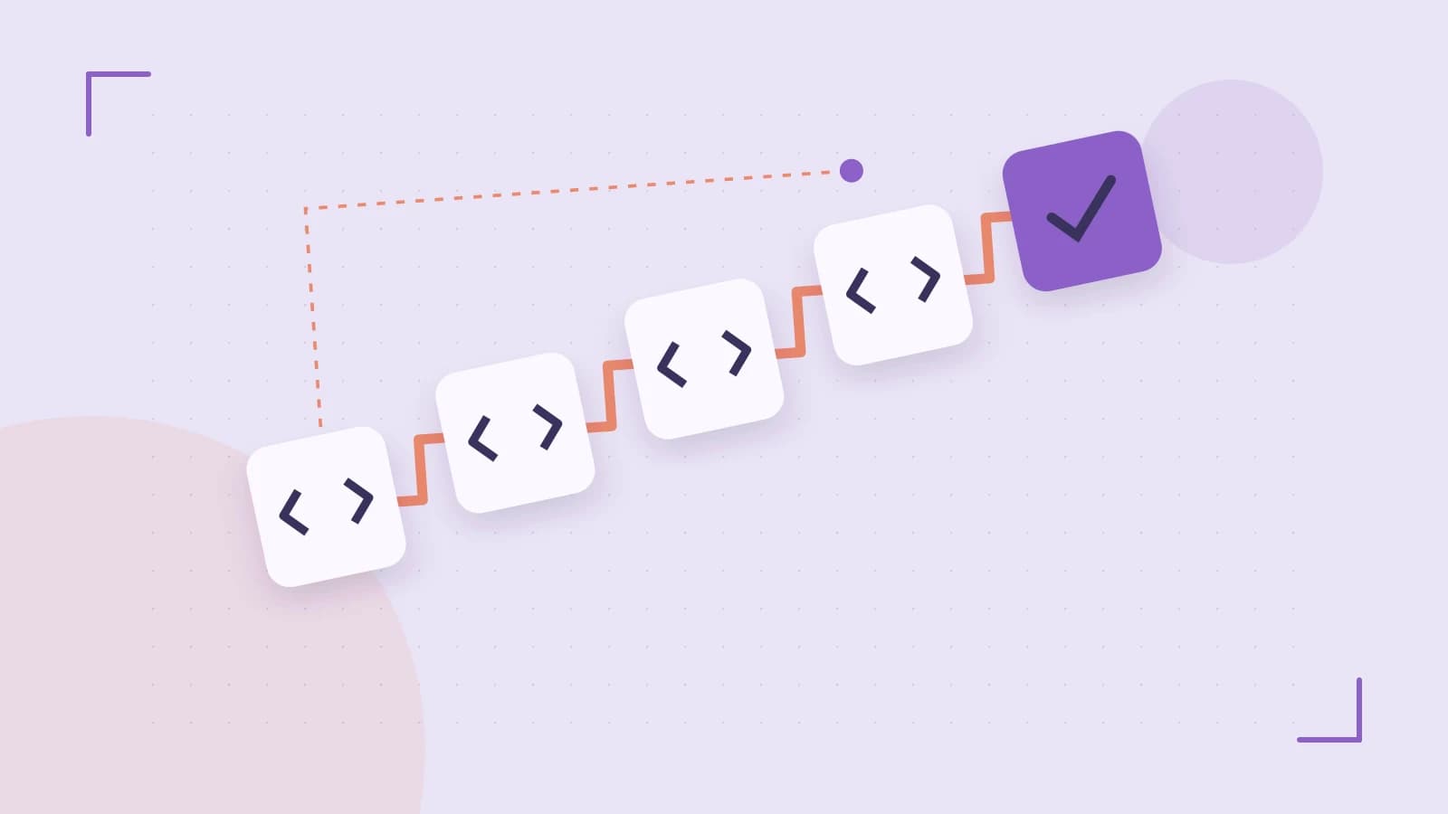 Editorial illustration of a branching build pipeline, staged transformations and a completed check