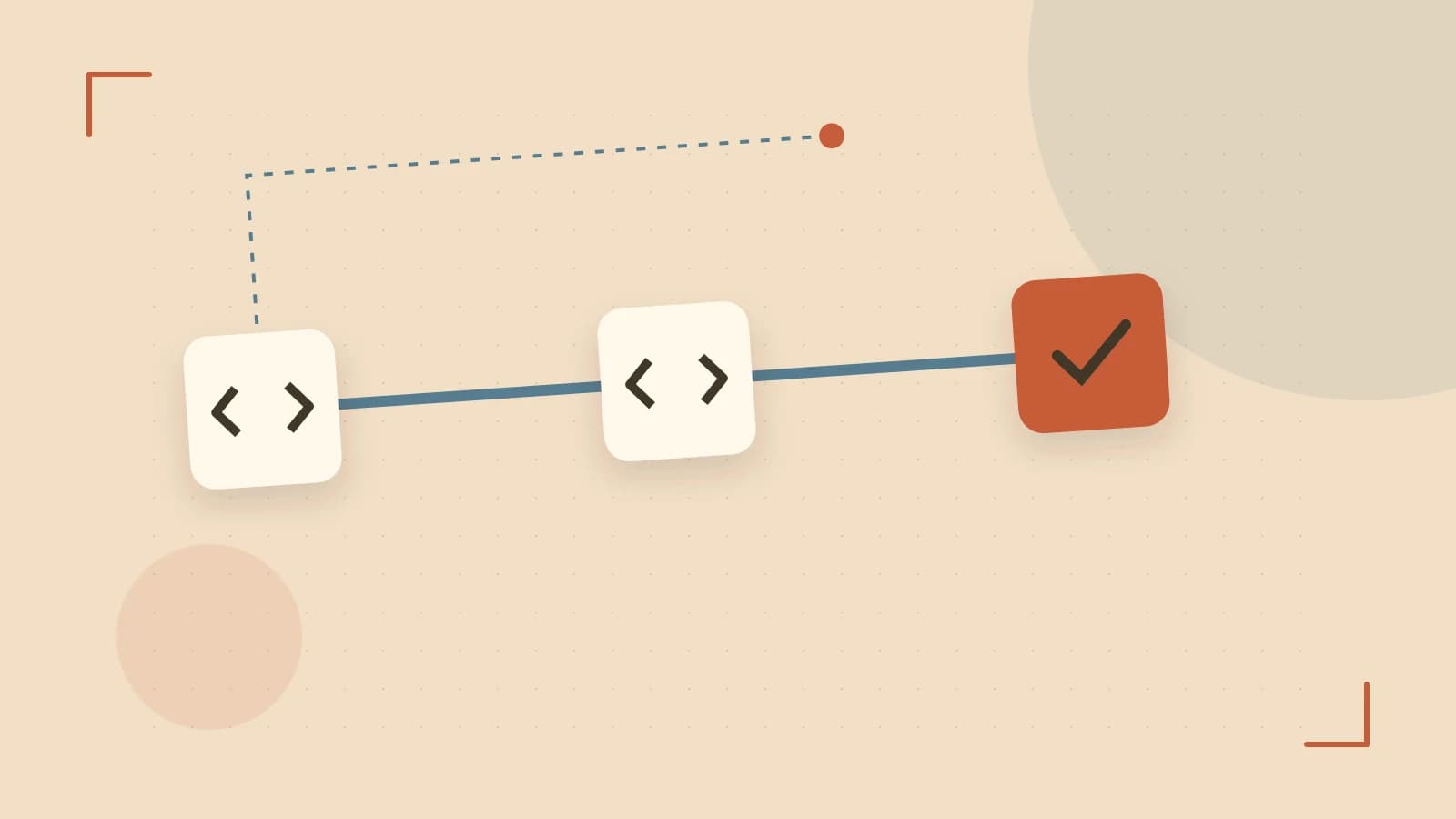 Editorial illustration of a branching build pipeline, staged transformations and a completed check