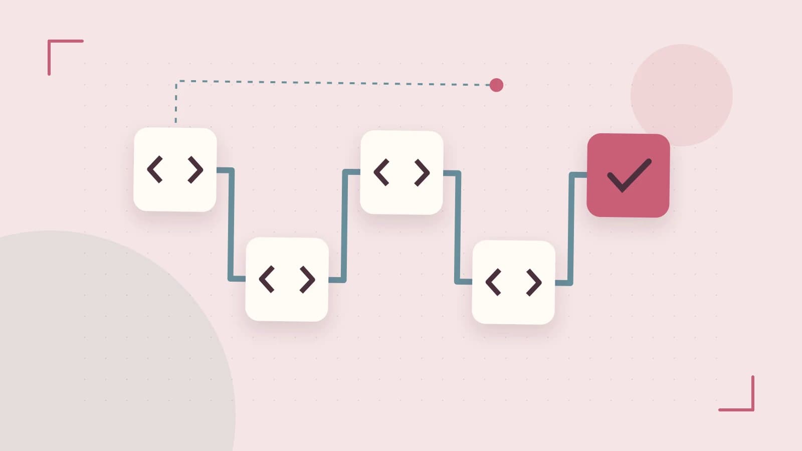 Editorial illustration of a branching build pipeline, staged transformations and a completed check