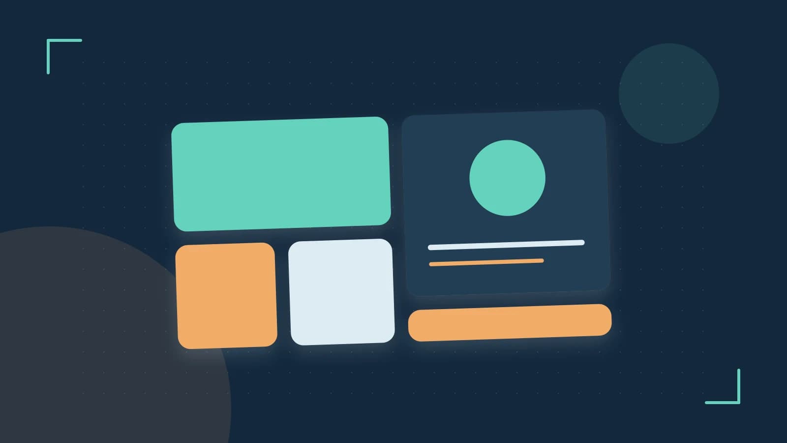 Editorial illustration of responsive browser layouts, overlapping design components and a color system