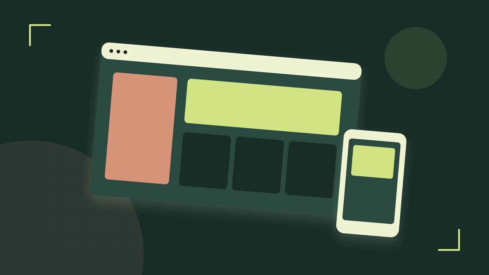 Editorial illustration of responsive browser layouts, overlapping design components and a color system