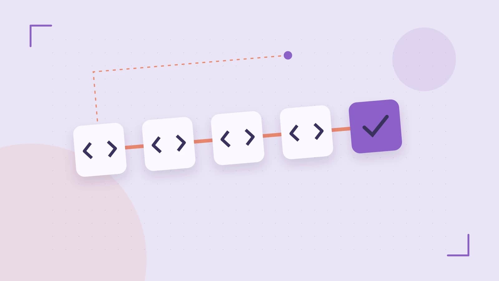 Editorial illustration of a branching build pipeline, staged transformations and a completed check