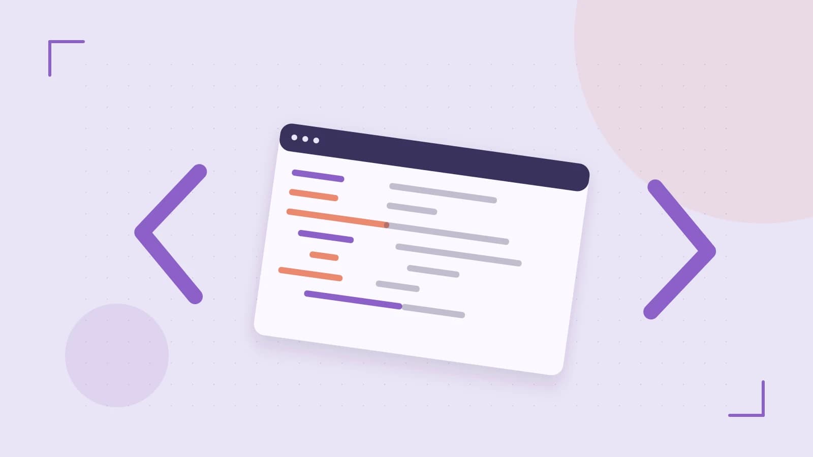 Editorial illustration of an abstract code editor, syntax blocks and oversized programming brackets