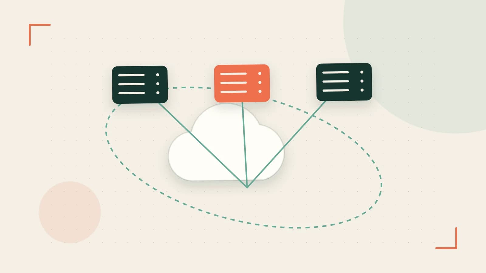 Editorial illustration of cloud infrastructure, connected server racks and an orbital service map
