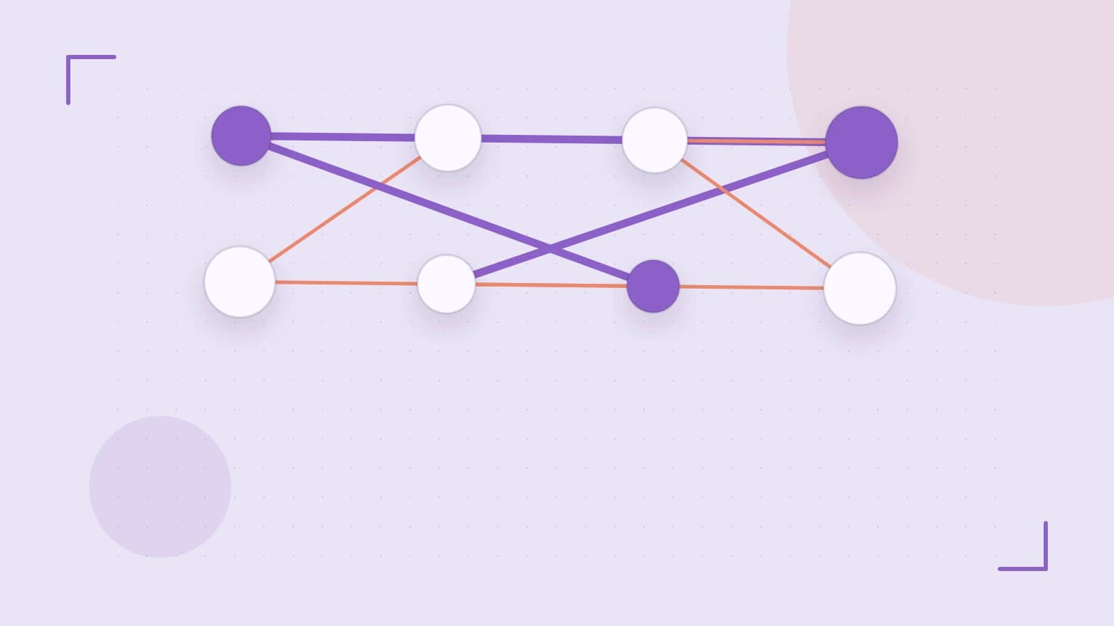 Editorial illustration of an algorithmic node graph with branching paths and a highlighted result