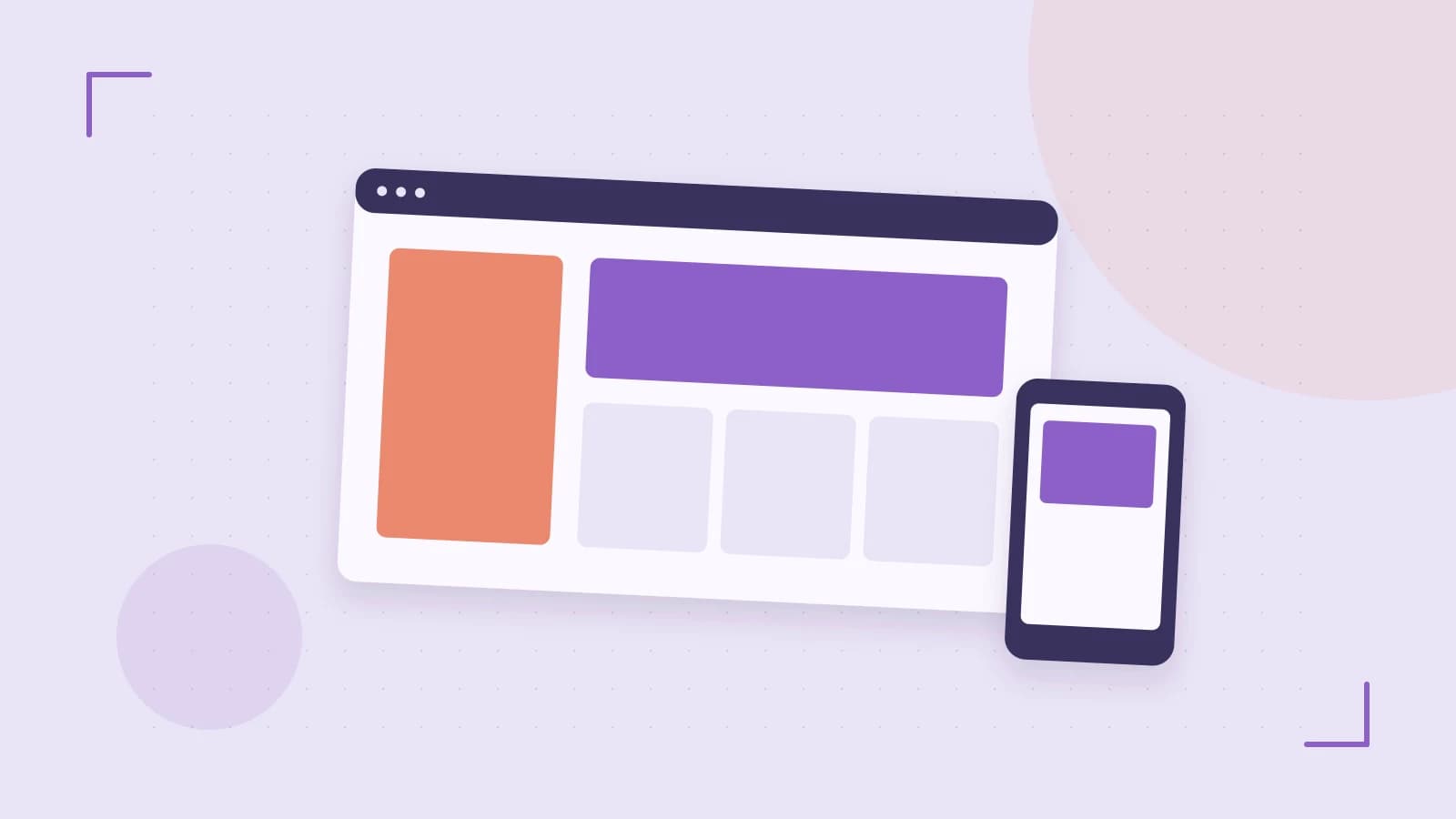Editorial illustration of responsive browser layouts, overlapping design components and a color system