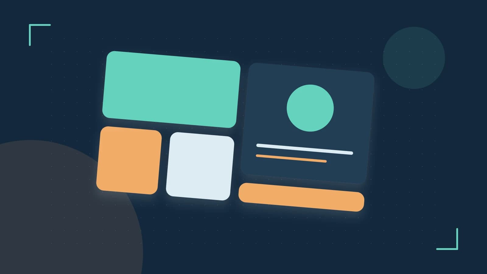 Editorial illustration of responsive browser layouts, overlapping design components and a color system