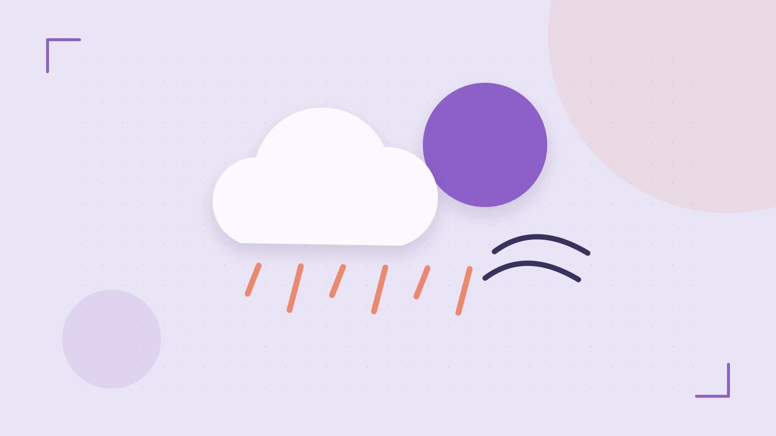 Editorial illustration of a sun, layered clouds, raindrops and flowing weather patterns