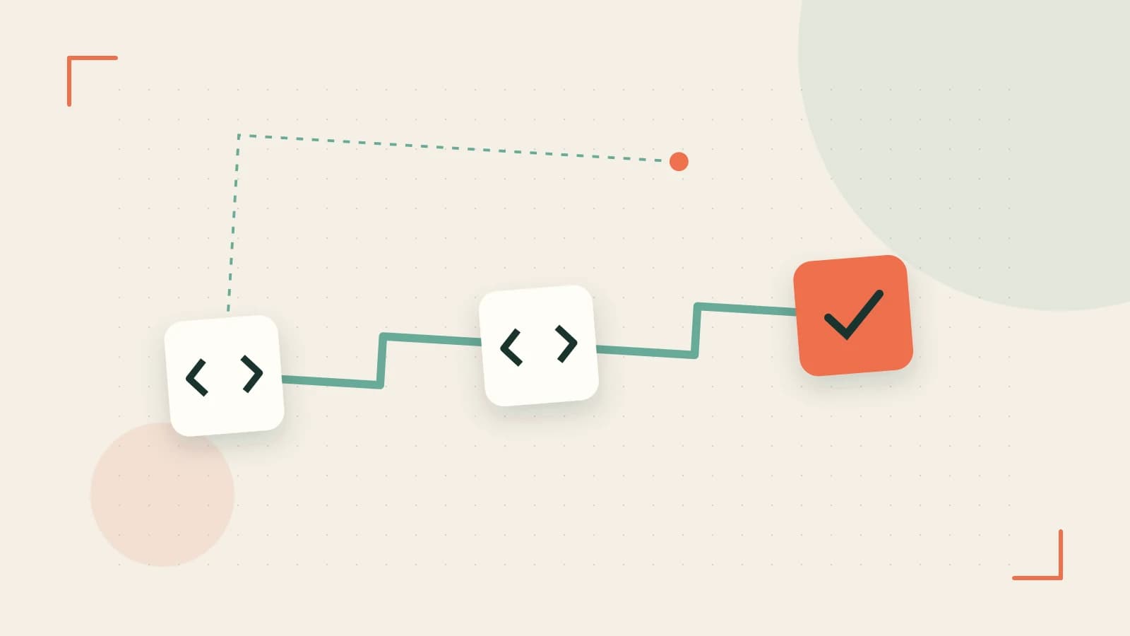 Editorial illustration of a branching build pipeline, staged transformations and a completed check