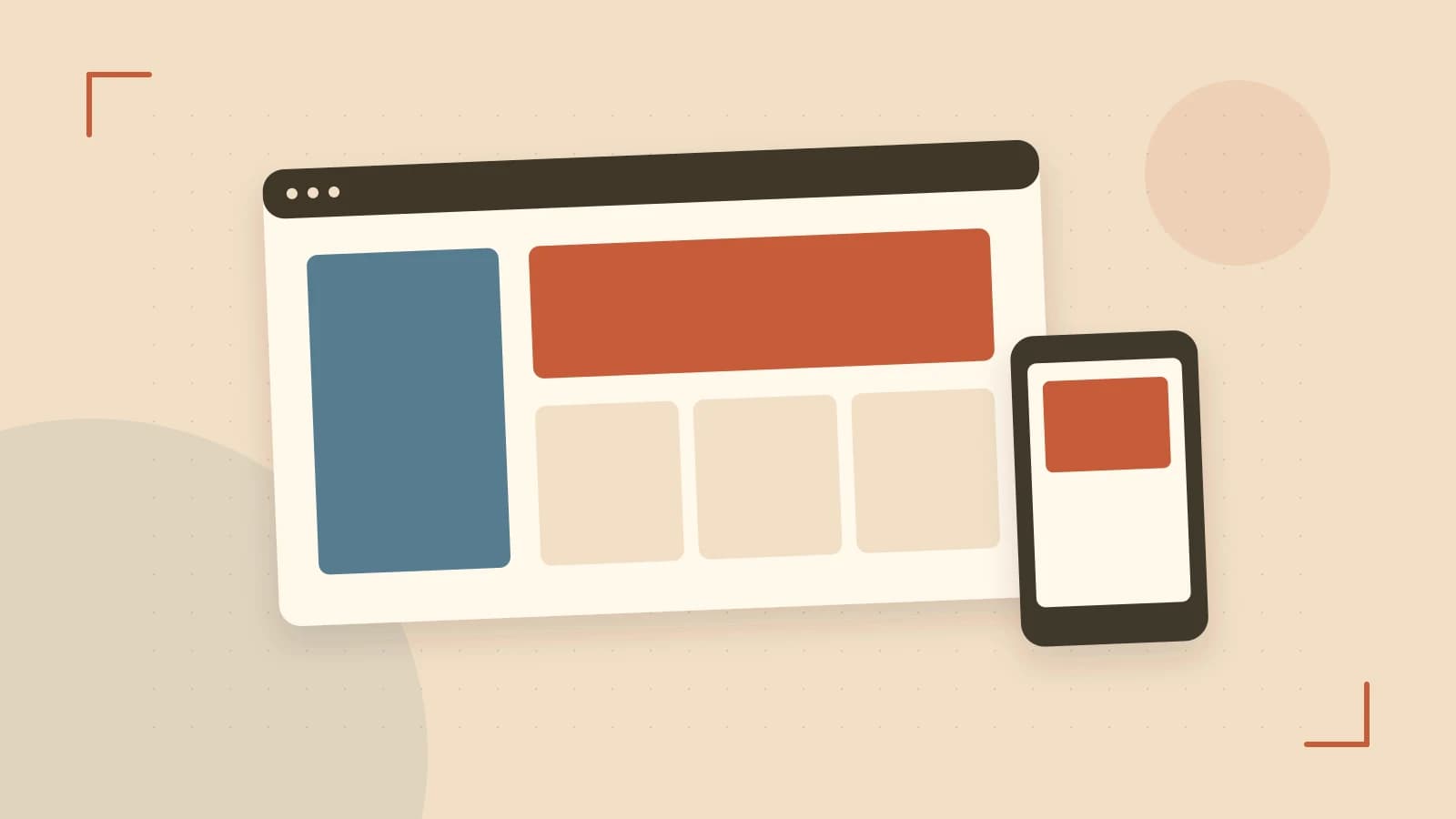 Editorial illustration of responsive browser layouts, overlapping design components and a color system