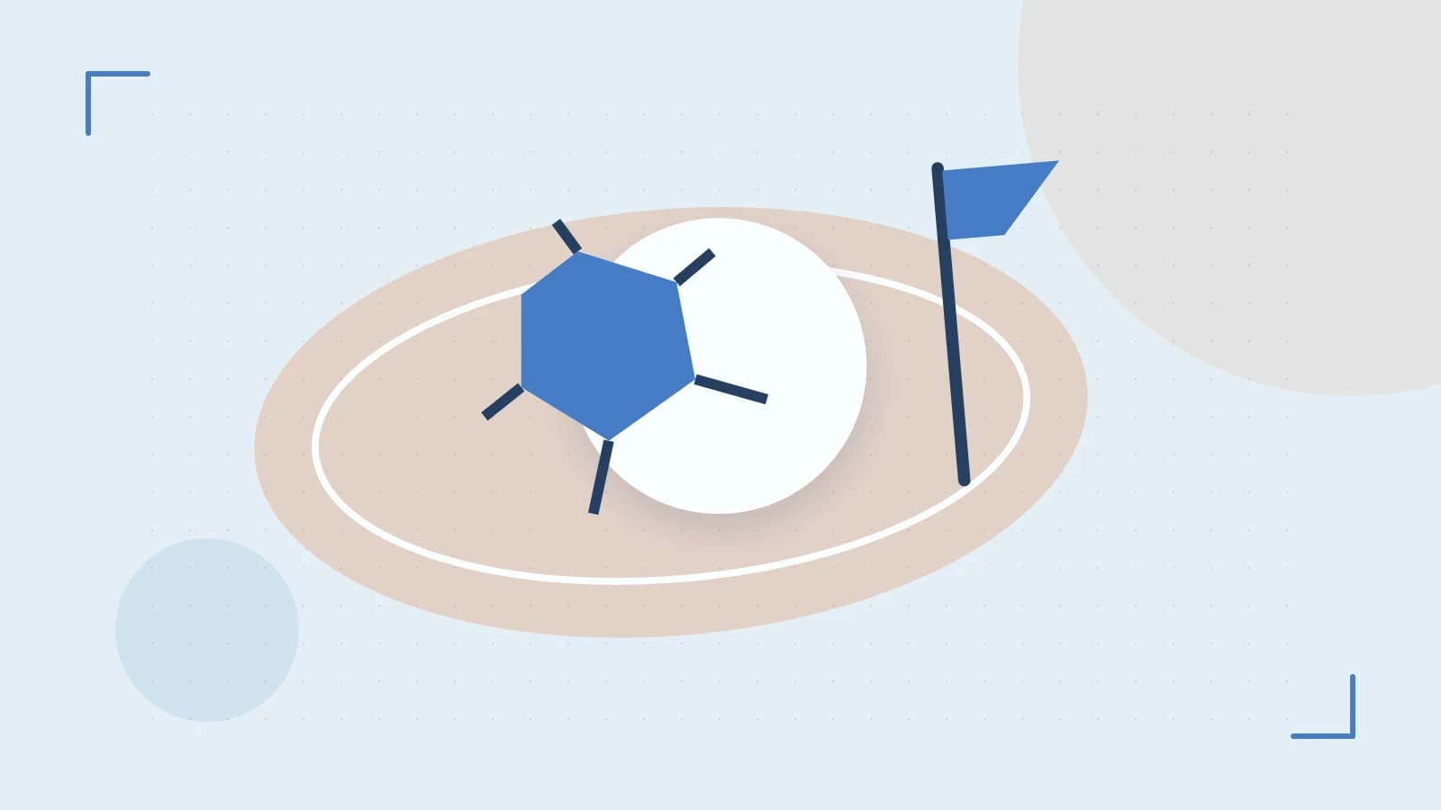 Editorial illustration of a stylized sports ball, stadium geometry and dynamic arcs