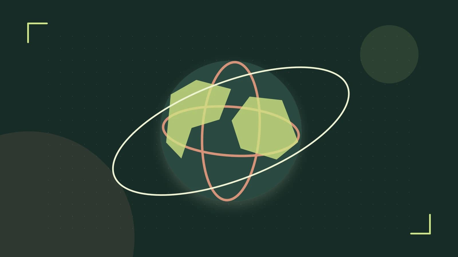 Editorial illustration of an editorial globe with meridians and layered geographic shapes
