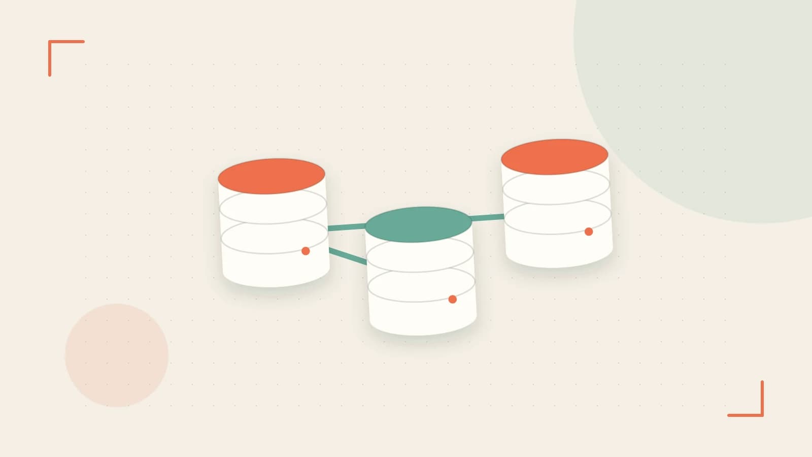 Editorial illustration of structured records, database cylinders and relationships between tables