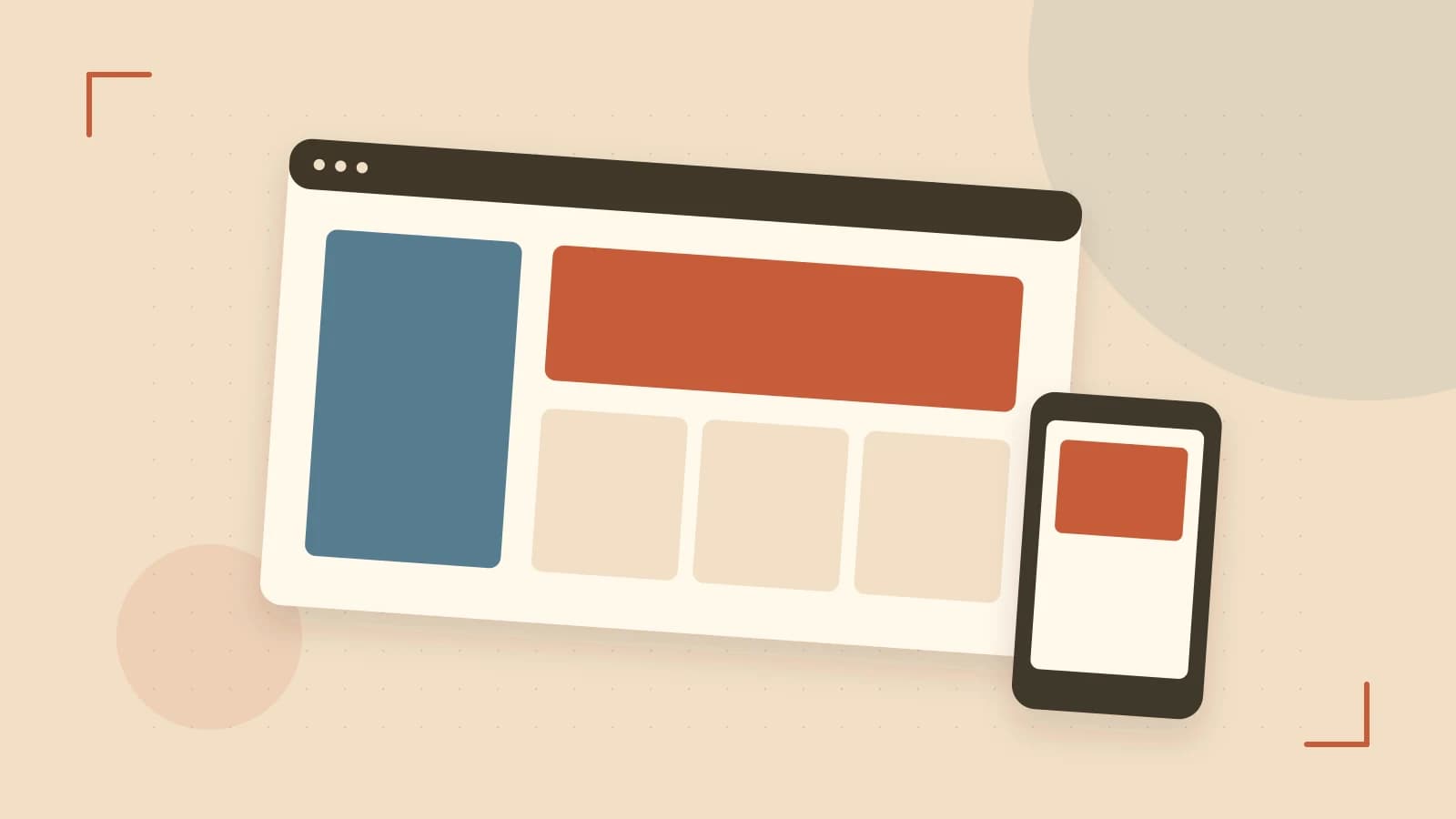 Editorial illustration of responsive browser layouts, overlapping design components and a color system
