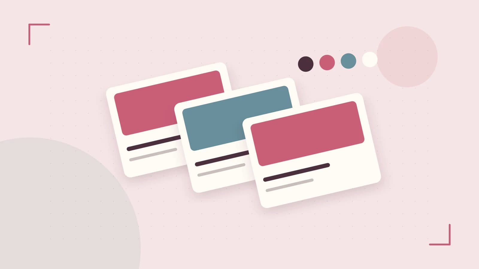 Editorial illustration of responsive browser layouts, overlapping design components and a color system