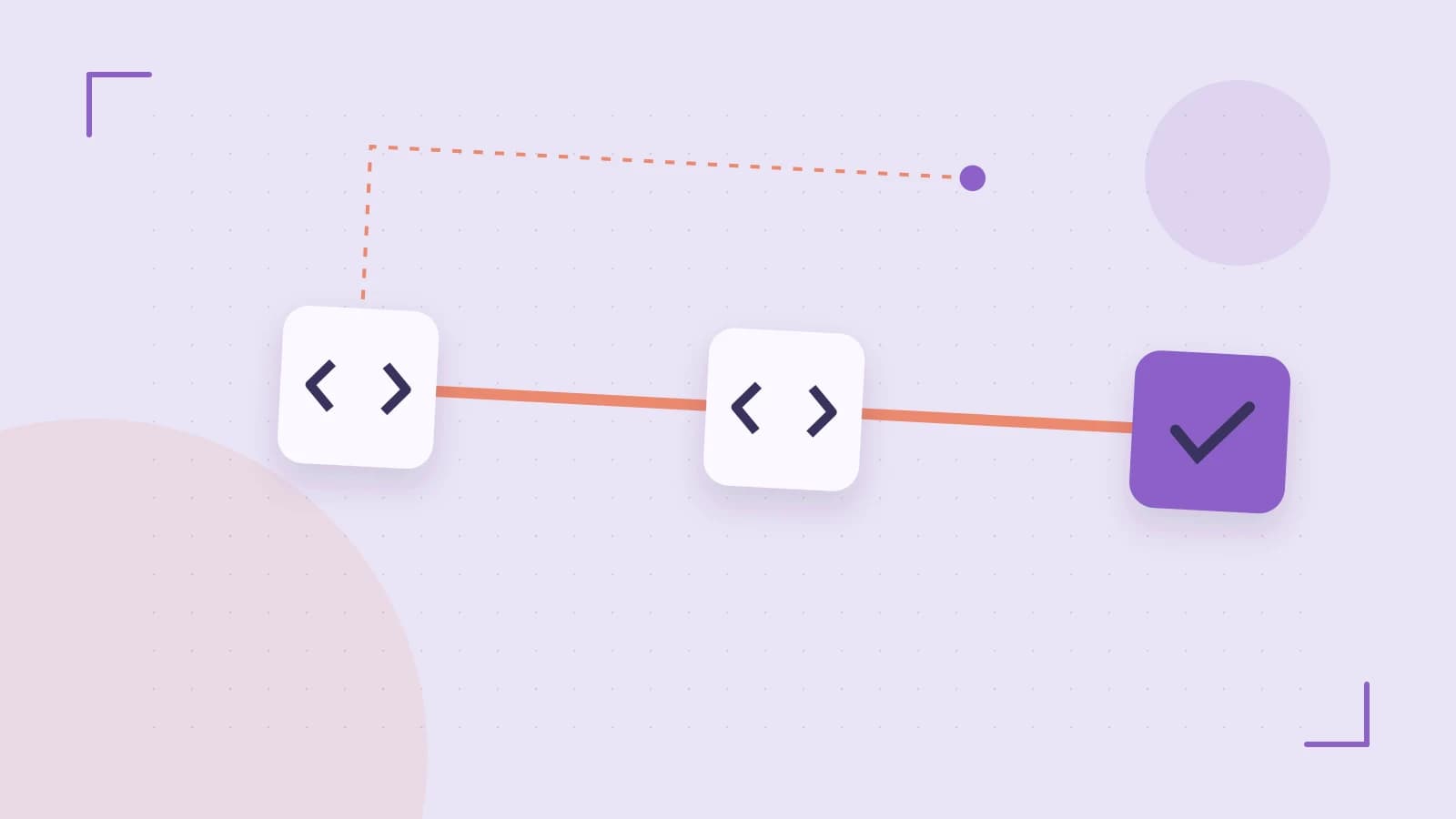 Editorial illustration of a branching build pipeline, staged transformations and a completed check