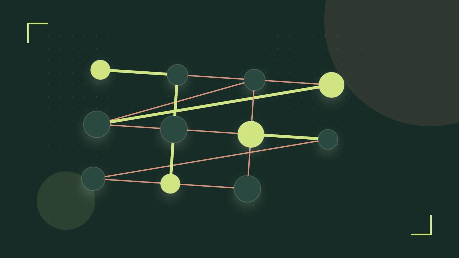Editorial illustration of an algorithmic node graph with branching paths and a highlighted result