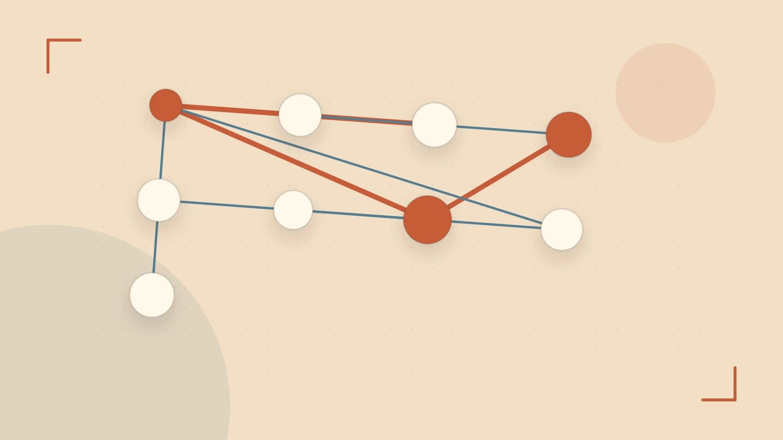 Editorial illustration of an algorithmic node graph with branching paths and a highlighted result