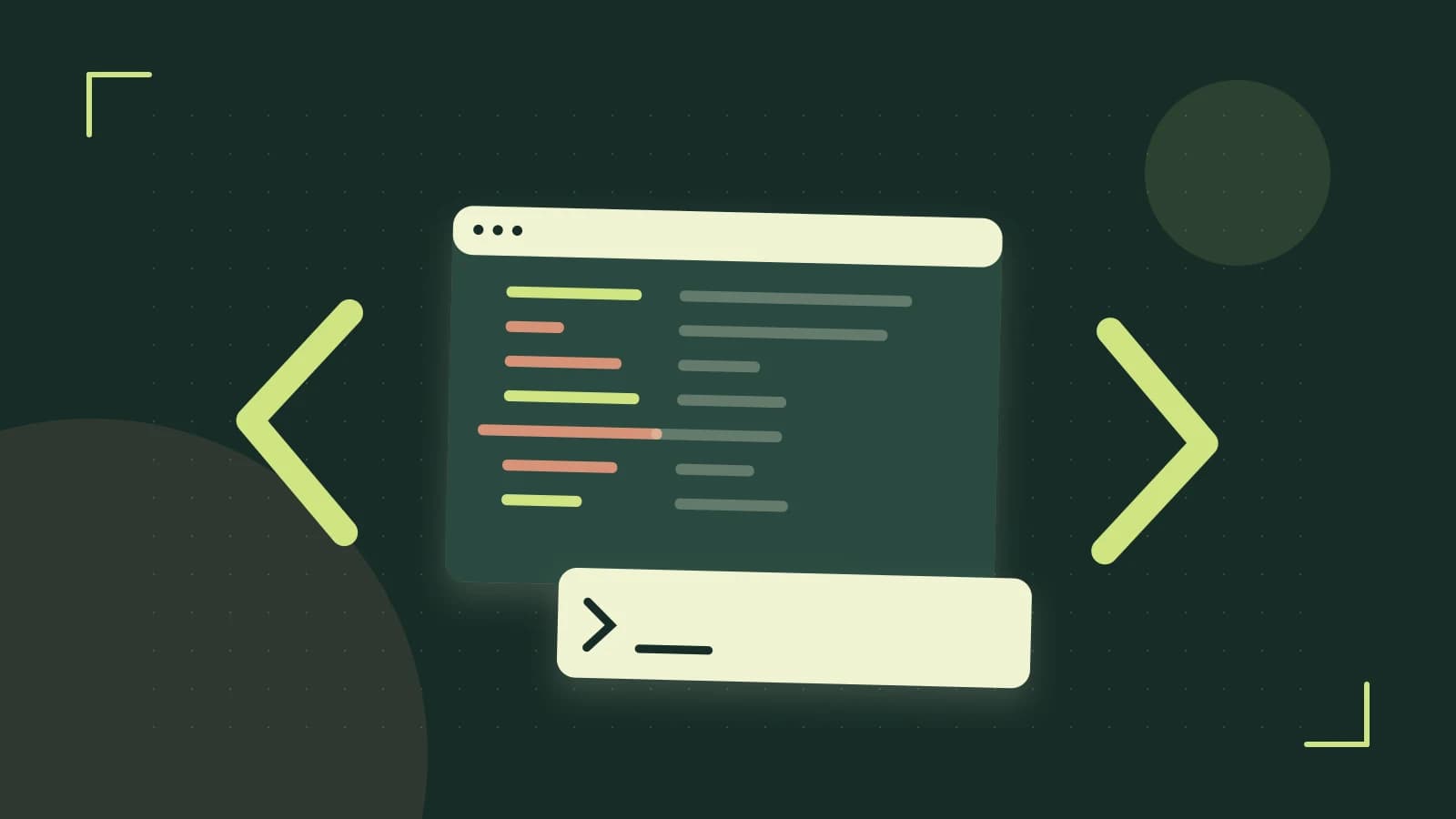Editorial illustration of an abstract code editor, syntax blocks and oversized programming brackets