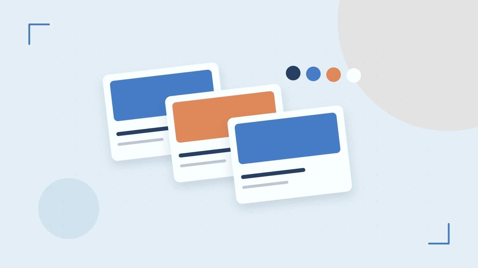 Editorial illustration of responsive browser layouts, overlapping design components and a color system