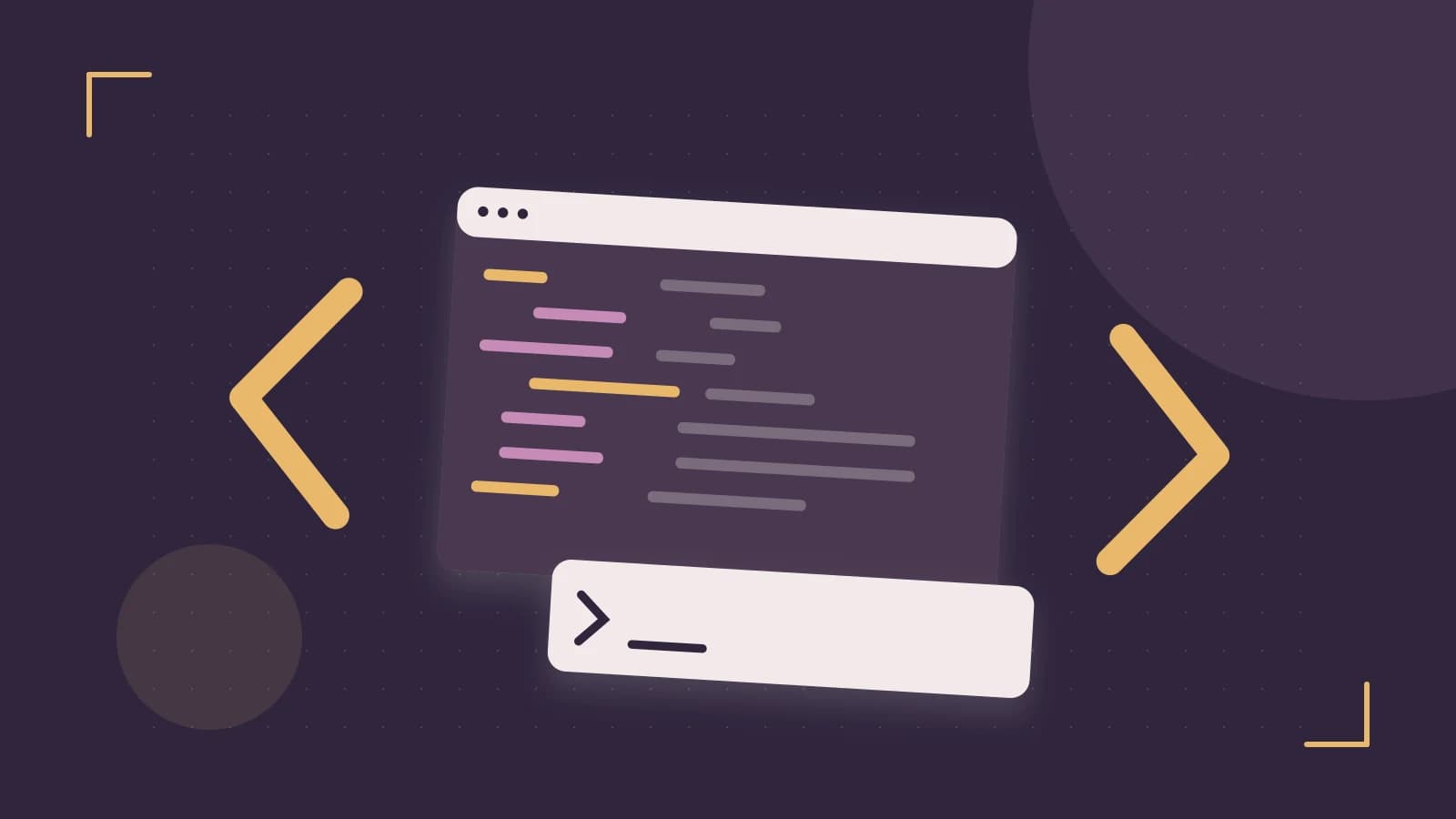 Editorial illustration of an abstract code editor, syntax blocks and oversized programming brackets