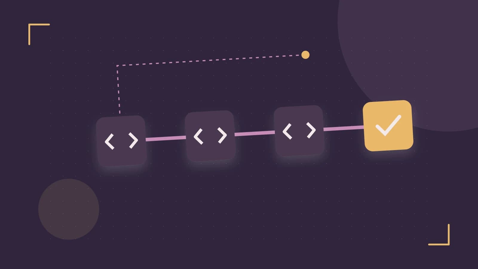 Editorial illustration of a branching build pipeline, staged transformations and a completed check