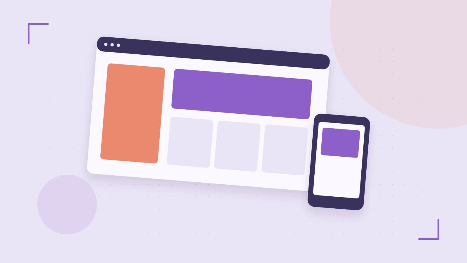 Editorial illustration of responsive browser layouts, overlapping design components and a color system
