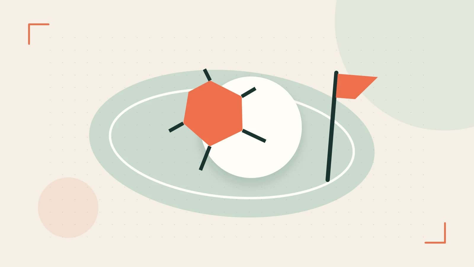 Editorial illustration of a stylized sports ball, stadium geometry and dynamic arcs