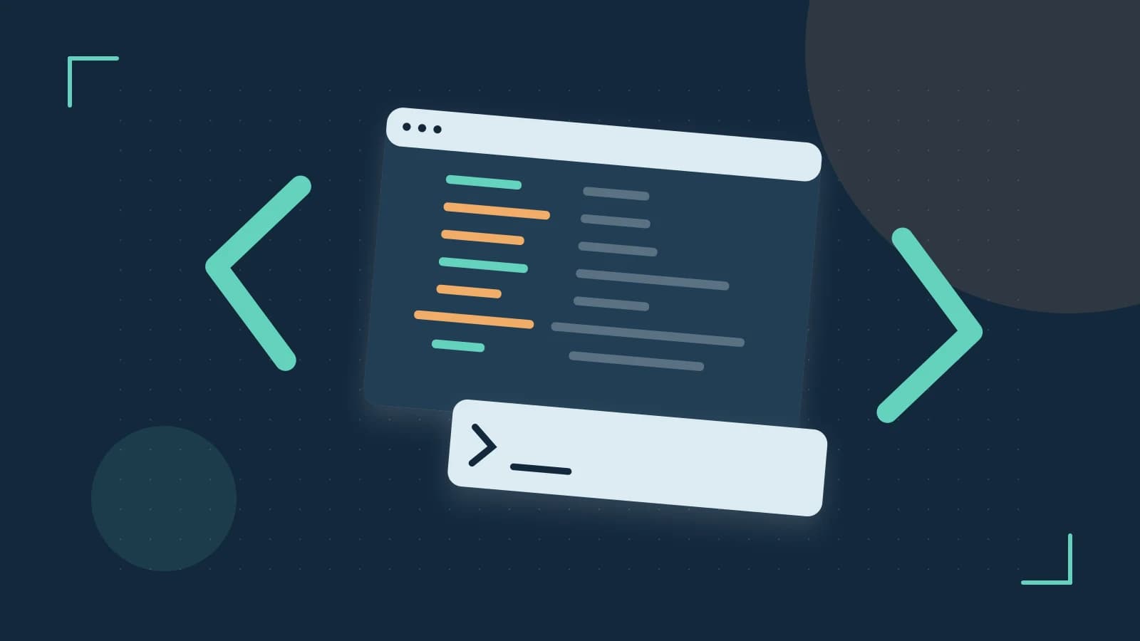 Editorial illustration of an abstract code editor, syntax blocks and oversized programming brackets