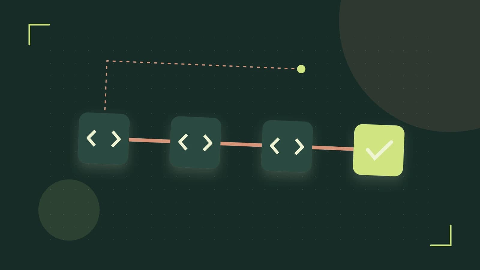 Editorial illustration of a branching build pipeline, staged transformations and a completed check
