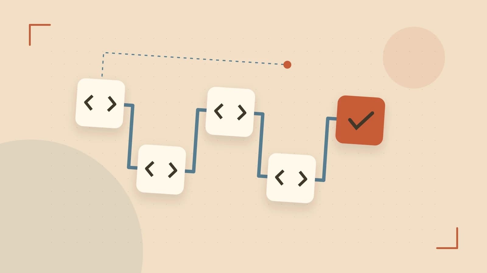 Editorial illustration of a branching build pipeline, staged transformations and a completed check