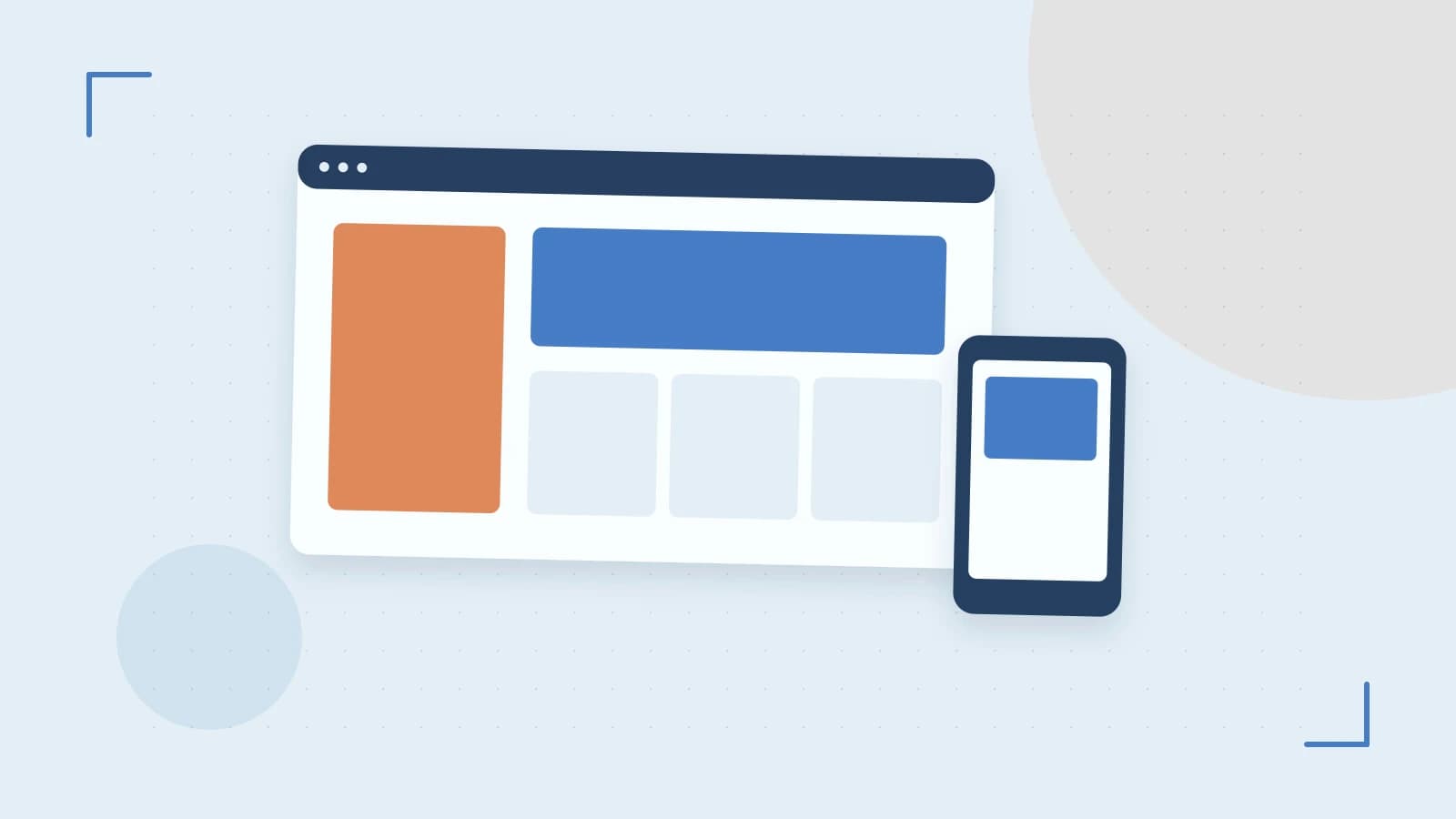 Editorial illustration of responsive browser layouts, overlapping design components and a color system