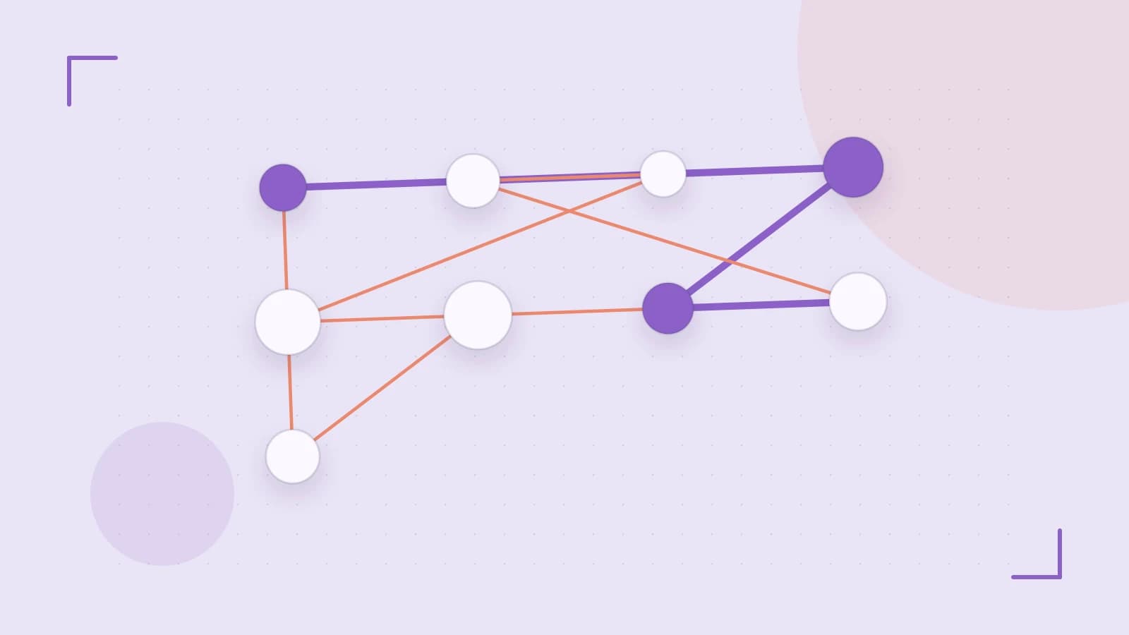 Editorial illustration of an algorithmic node graph with branching paths and a highlighted result