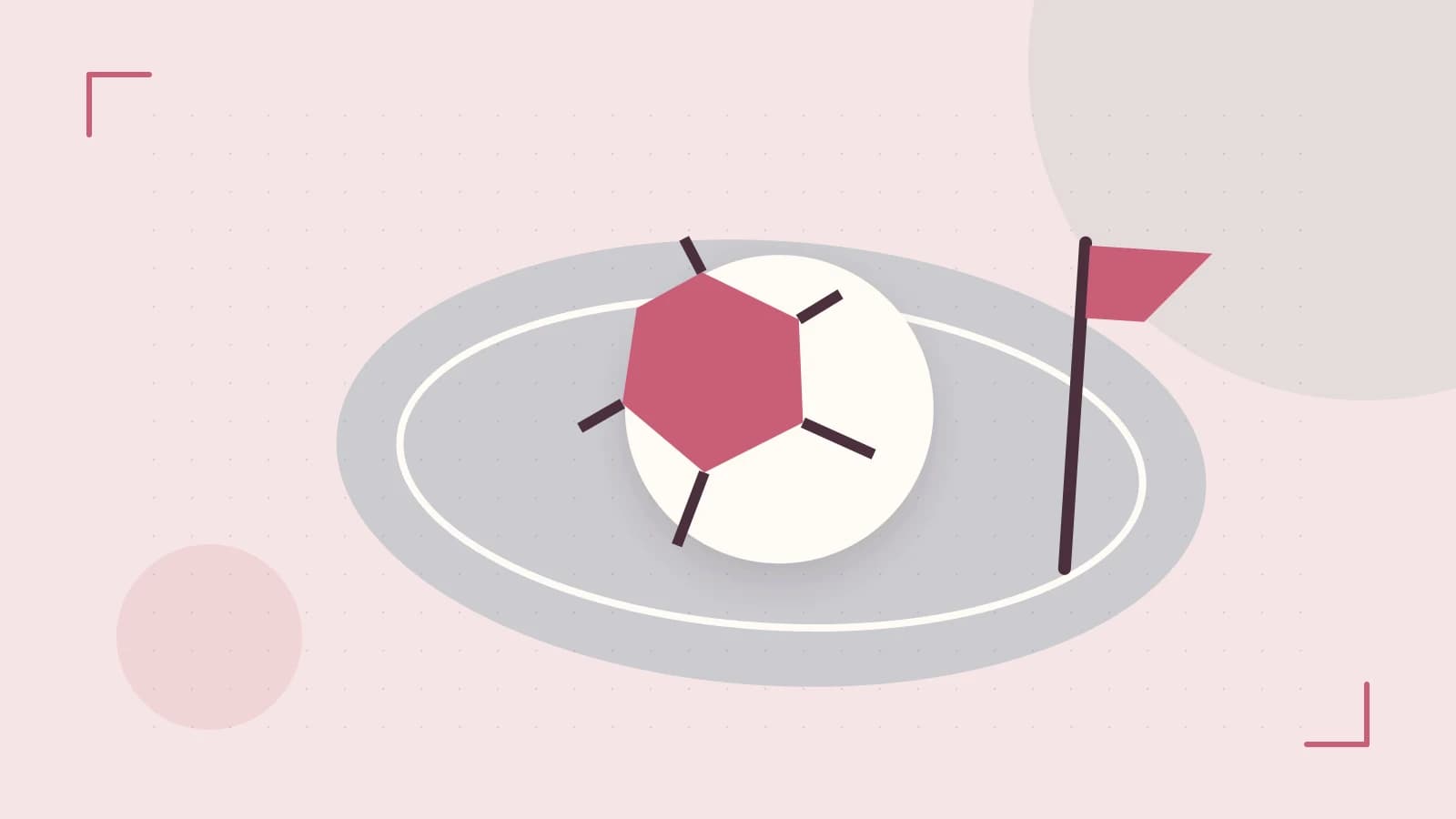 Editorial illustration of a stylized sports ball, stadium geometry and dynamic arcs