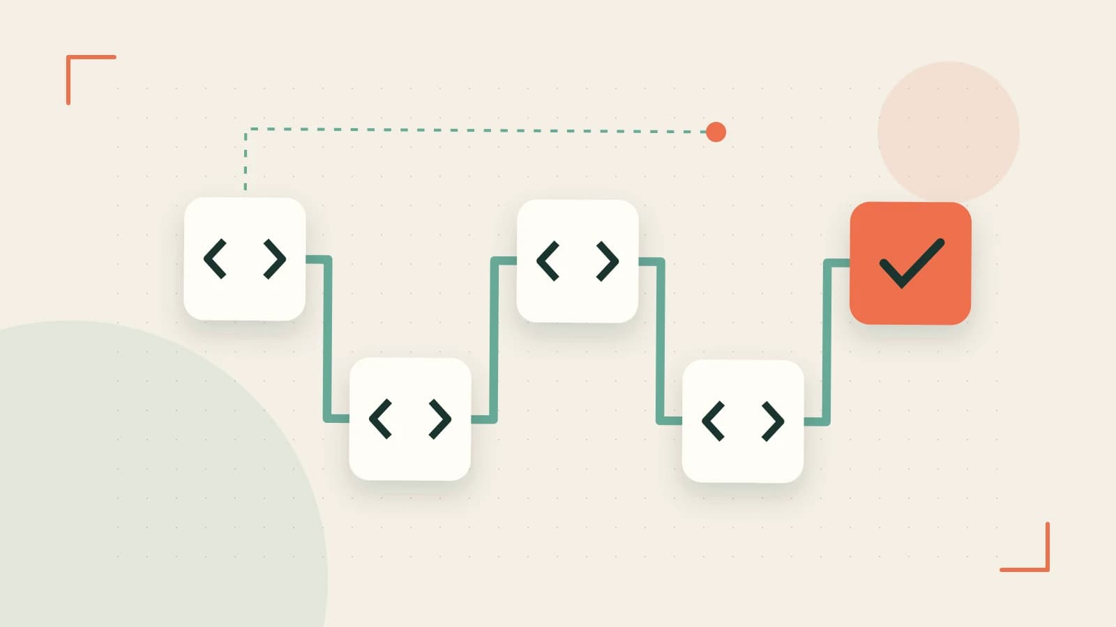 Editorial illustration of a branching build pipeline, staged transformations and a completed check